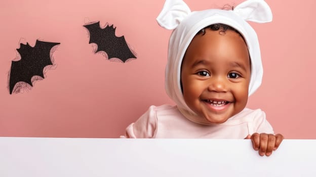 Smiling African American Baby in White Costume with Bat Decorations, Holding Blank White Banner
