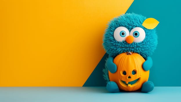 Cute Blue Monster Holding a Carved Pumpkin on a Yellow and Turquoise Background for Halloween
