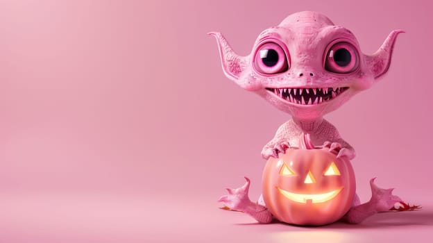 Pink Cute Monster Holding Glowing Halloween Pumpkin on Pink Background, 3D Illustration