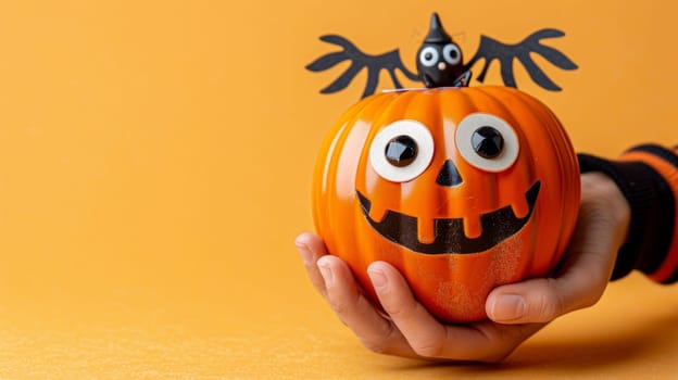 Close-Up Of A Hand Holding A Funny Halloween Pumpkin Decor With A Bat On Top, Isolated