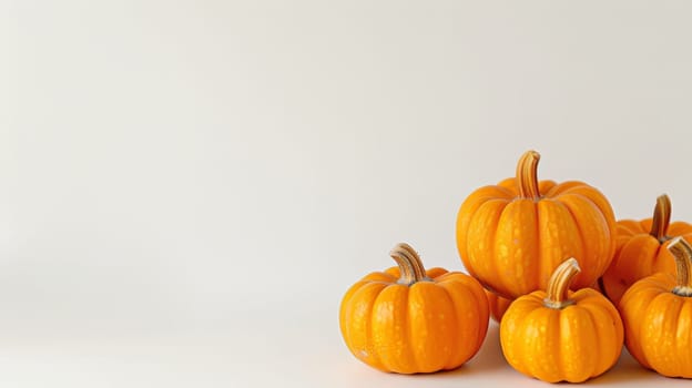 Five Miniature Orange Pumpkins on White Background with Copy Space, Perfect for Autumn Designs