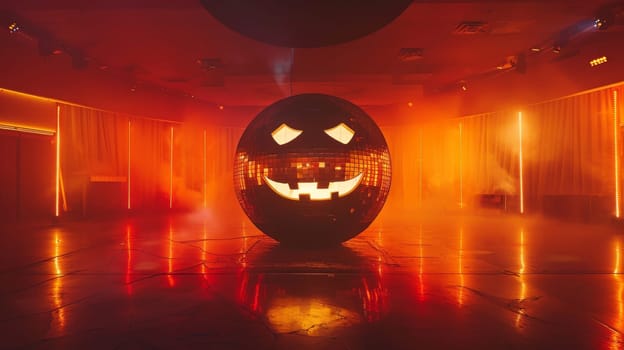 Giant Disco Ball Jack OLantern Glowing in Smoky Nightclub with Orange Lights for Halloween Party