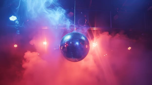 Glimmering Disco Ball Hanging in a Nightclub with Red and Blue Stage Lights and Hazy Smoke