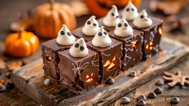 Halloween Chocolate Desserts Decorated with Ghosts and Pumpkin, Spooky and Delicious Treats