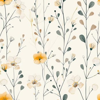This design showcases an intricate arrangement of yellow flowers and slender green leaves, set against a soft cream backdrop, ideal for artistic projects or home decor.