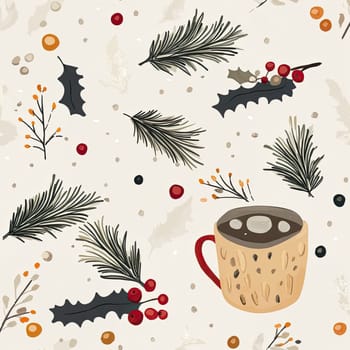 A warm beverage sits in a textured mug, surrounded by pine branches, holly leaves, and colorful berries, creating a festive atmosphere perfect for the holiday season.