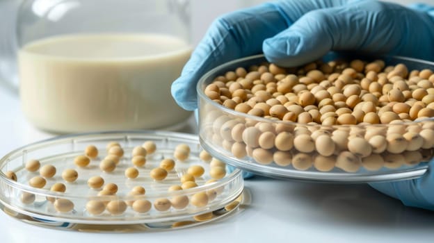 Soybeans in a Petri Dish and Soy Milk, a Scientist in Blue Gloves Holds a Petri Dish with Soybeans.