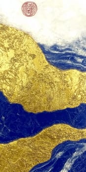 Abstract background featuring gold and blue ink with a red japanese seal in the top left corner, creating a luxurious and traditional feel