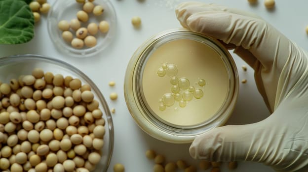 Scientist Holding Jar of Soybean Oil with Extracted Oil Droplets, Soybeans in Petri Dishes