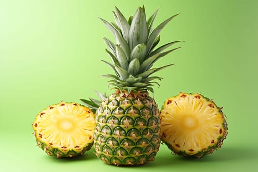 A vibrant whole pineapple sits upright, flanked by two freshly cut halves, all set against a lively green backdrop, highlighting tropical freshness and healthy living.