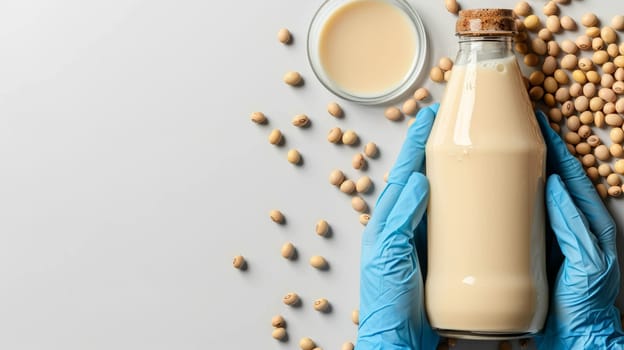 Hands In Blue Gloves Hold Glass Bottle With Soy Milk And A Glass On Gray Background With Soybeans.