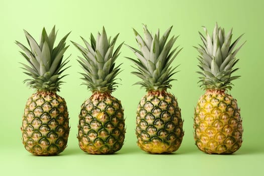Four ripe pineapples are neatly arranged in a row on a vibrant green backdrop. Each pineapple exhibits unique textures and colors, highlighting their freshness and tropical appeal.