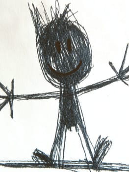 Crayon drawing of a smiling stick figure standing with open arms, possibly welcoming a hug or expressing joy and openness