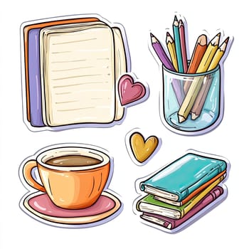 A charming collection of workspace essentials, including a warm cup of coffee, vibrant colored pencils in a jar, an open notebook, and a stack of books, all accented with heart motifs.