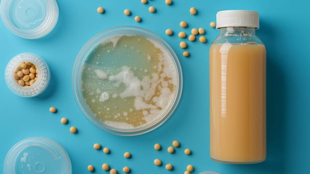 Soy Milk Production Bottle, Bowl of Homemade Soy Milk, and Soybeans on Blue Background. Top View.