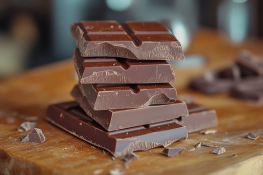 Rich dark chocolate bars are neatly stacked on a wooden cutting board, with shavings scattered around, highlighting their smooth texture and shine.
