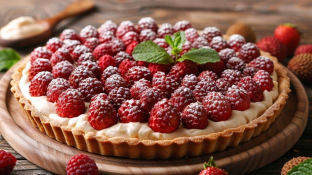 Delicious Homemade Tart with Fresh Raspberries, Cream Filling, and Powdered Sugar on Wooden Table