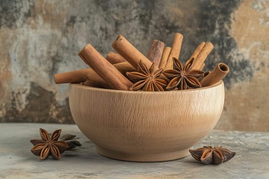 A cozy wooden bowl brimming with aromatic cinnamon sticks and star anise rests on a beautifully textured surface, adding a touch of warmth and spice.