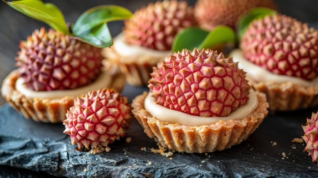 Delicious tartlets with exotic lychee fruit and white cream on a dark stone background