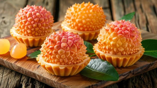 Fruit Shaped Tarts Delicious Pastries Resembling Lychee Fruit, A Sweet Treat on a Wooden Board