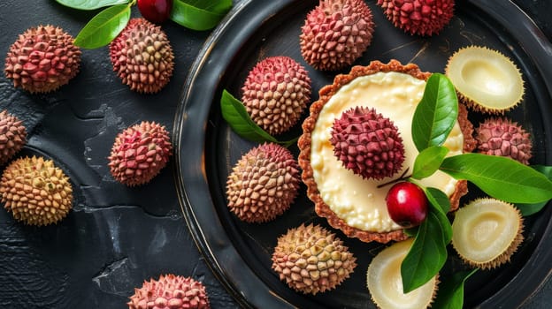 Lychee Tartlets with Fresh Seasonal Fruits and Green Leaves, Gourmet Dessert on Dark Background