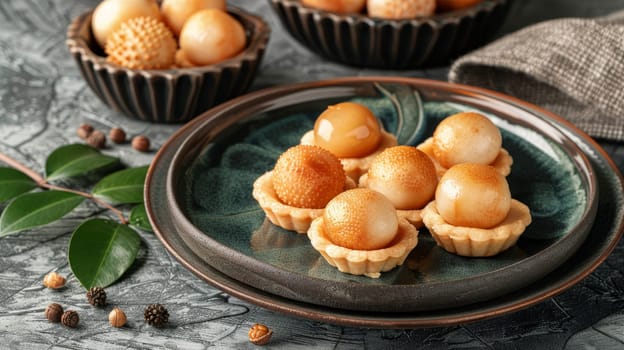 Close-Up, Small Round Desserts with Exotic Fruit, Glaze and Blurred Background in Rustic Setting