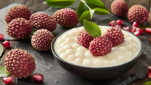Delicious Lychee Dessert Tapioca Pearls Pudding with Fresh Lychees and Pomegranate Seeds