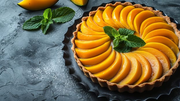 Freshly Baked Mango Tart, Delicious Dessert Pastry, Close-up on Dark Background with Copy Space