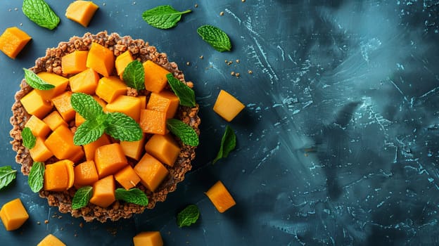 Delicious Homemade Mango Tart Garnished with Fresh Mint Leaves on Rustic Blue Background, Top View