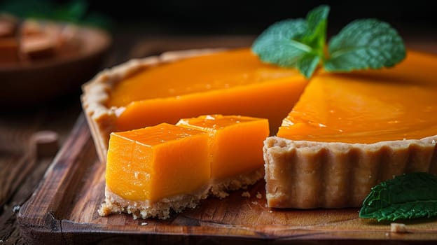 Close-up of Freshly-Baked Apricot Tart on Wooden Board Decorated With Spring on a Mint