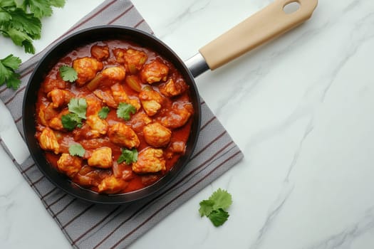 Tender pieces of chicken are cooked in a rich sauce, garnished with fresh cilantro, resting in a frying pan on a marble surface, inviting a flavorful meal.