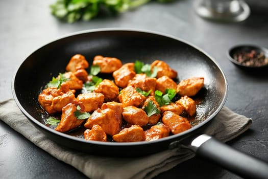 Tender chicken pieces are sautéed in spices and garnished with fresh herbs. The dish is presented on a dark countertop, evoking a warm culinary atmosphere.
