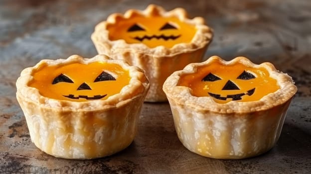 Three Mini Pumpkin Pies for Halloween, Delicious Homemade Treat, Festive Holiday Dessert