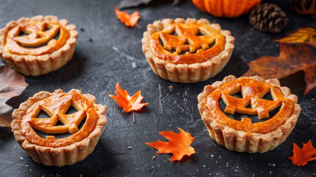Festive Halloween Pumpkin Pies on Dark Background, Delicious Homemade Treats for Autumn Celebration