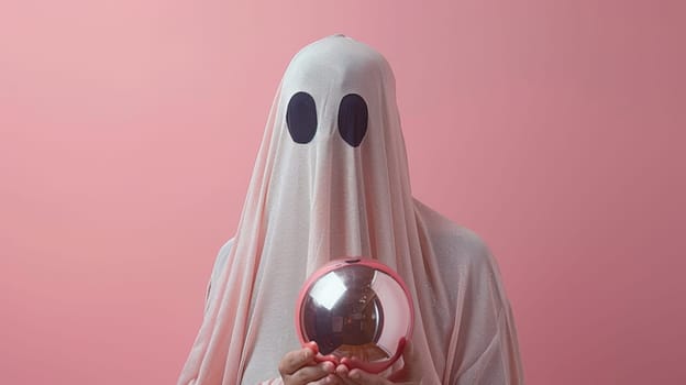 Mysterious Figure in Pink A Ghostly Presence Holding a Crystal Ball on a Vibrant Pink Background