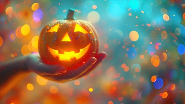 Woman Holding A Glowing Halloween Pumpkin Against A Defocused Party Light Background.