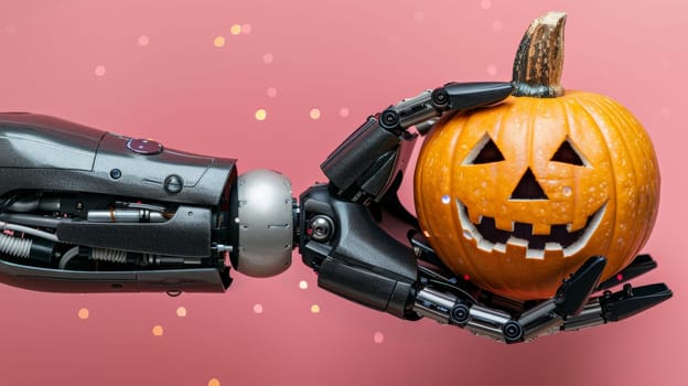 Robot Arm Holds Halloween Jack-o-Lantern, Modern Tech Meets Fall, Festive Pink Background