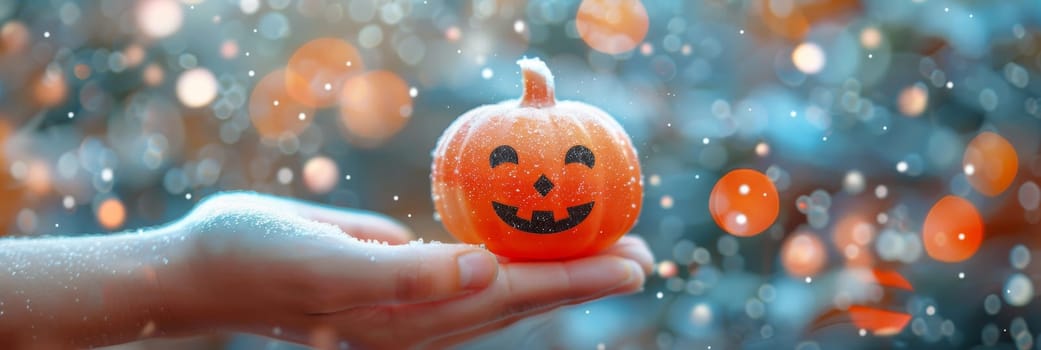 Childs Snowy Hand Holds Tiny, Smiling Pumpkin Amidst Festive Bokeh, a Whimsical Halloween Scene.