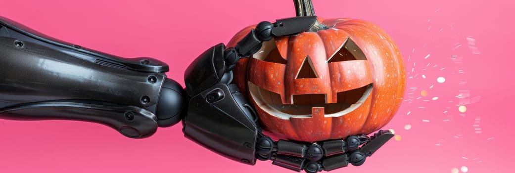 Robotic Hand Holds Halloween Pumpkin Festive Greeting On Pink Background With Sparkling Highlights