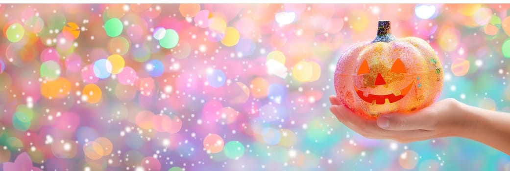 A Childs Hand Holds a Glittery Halloween Pumpkin Against a Sparkling, Dreamy Background