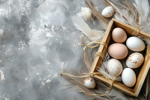A wooden box holds an assortment of decorative eggs, including pastel colors and speckled designs, surrounded by soft feathers, creating a seasonal display perfect for spring celebrations.