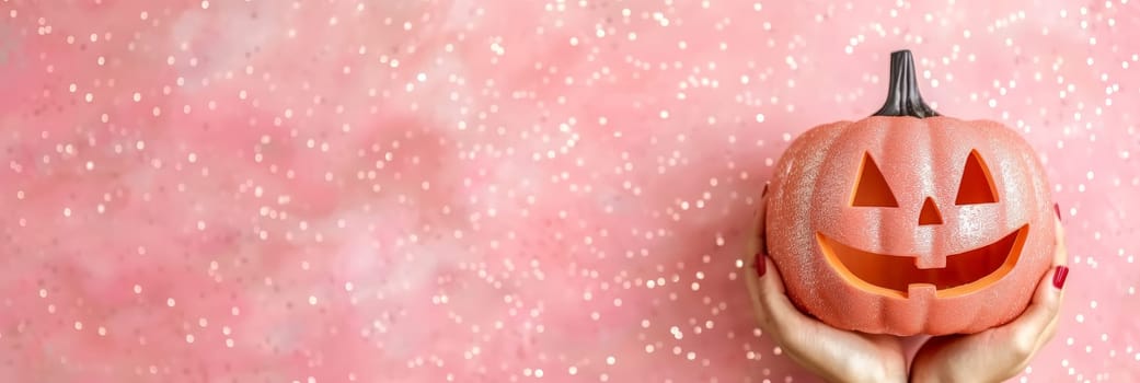 Womans Hands Holding Pink Glitter Pumpkin on Pink Background. Festive Concept for Halloween.