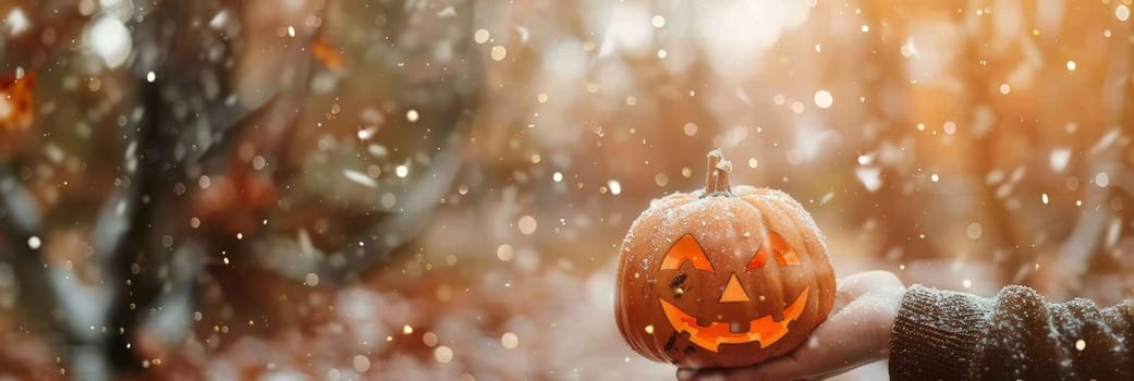 Halloween Pumpkin With Snowfall Background, Autumnal Scene With Orange And Brown Tones