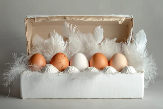A creative arrangement of eggs in different colors resting on soft feathers inside a white box, highlighting simple elegance for decoration.