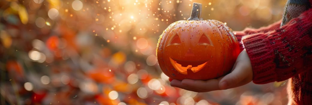 Childs Hands Holding Sparkling Halloween Pumpkin in Autumn Forest, Magical Fall Scene