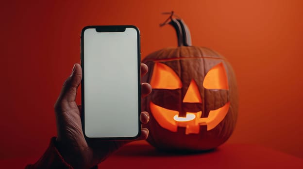 Halloween Mockup, Smartphone with Blank Luminous Screen and Jack-o-Lantern on Orange Background