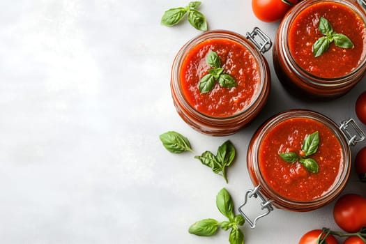 Three jars filled with rich tomato sauce are displayed alongside fresh tomatoes and basil leaves on a clean, light surface, highlighting a seasonal culinary delight.
