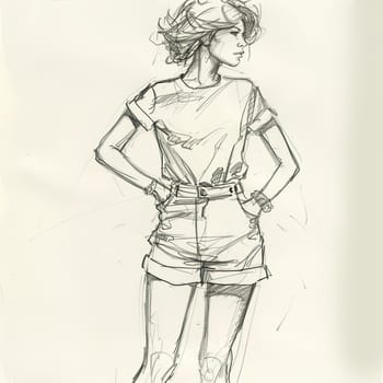 A confident woman stands with her hands on her hips, wearing a simple t-shirt and shorts. This artistic sketch captures a relaxed summer vibe with a minimalist approach.