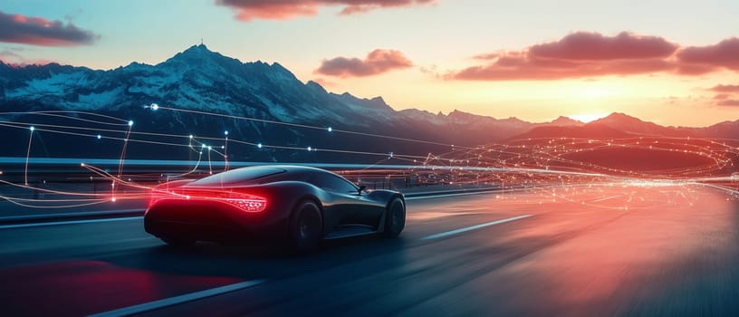Futuristic sports car is speeding down a highway in the mountains with connected lines illustrating artificial intelligence