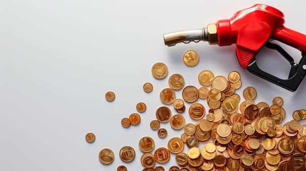 Red Fuel Nozzle And Shiny Coins Concept Of Increase Rising Gas Or Fuel Price Costs.